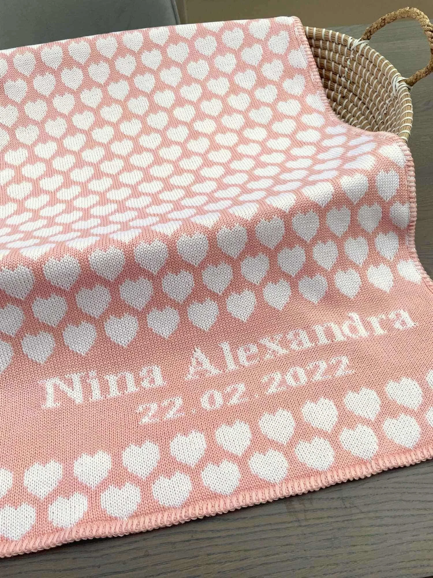 heart blanket in pale pink for baby