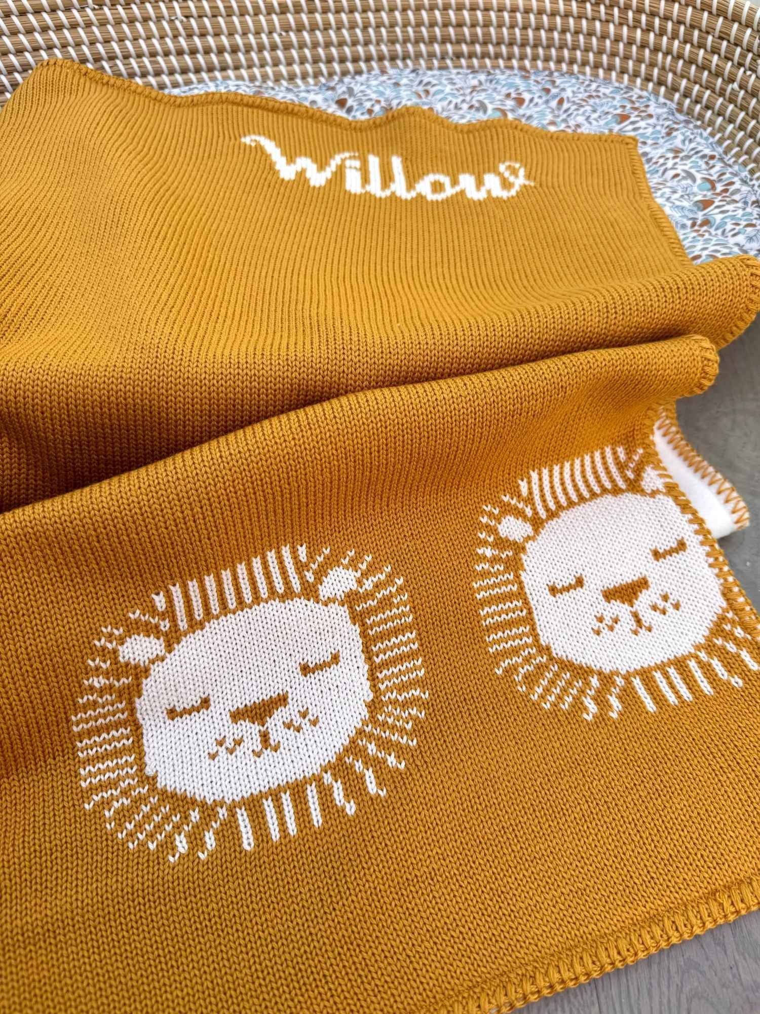 personalised lion baby blanket in mustard