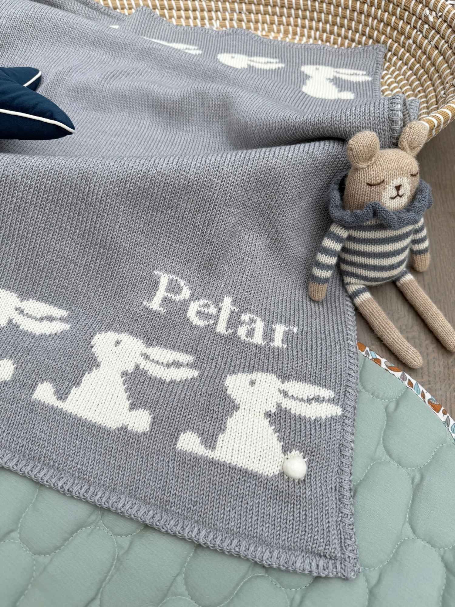 personalised rabbit knitted baby blanket