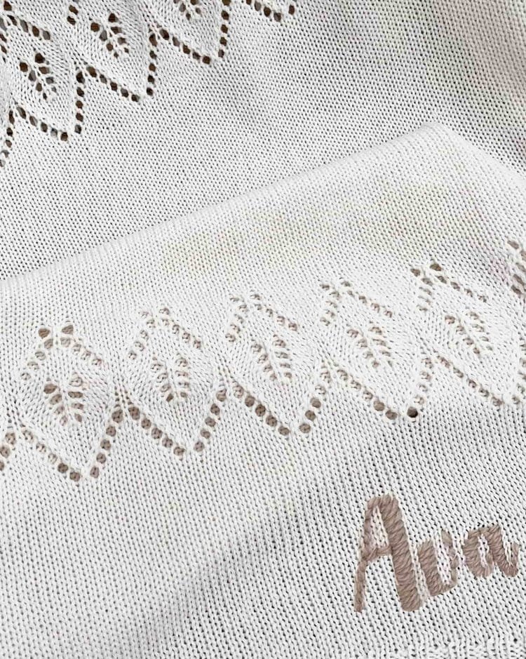 personalised white pointelle baby blanket