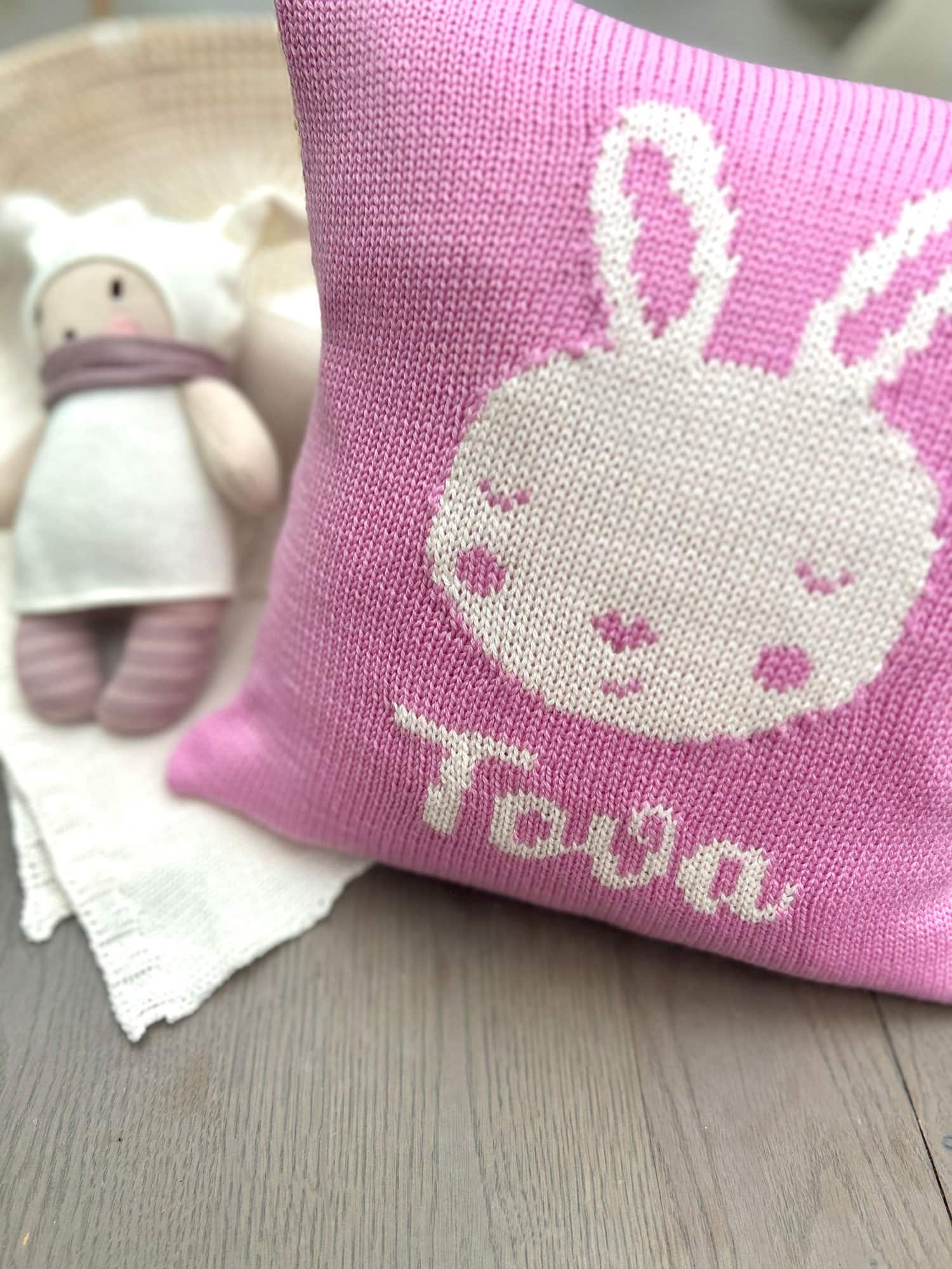 bunny face cushion in pink