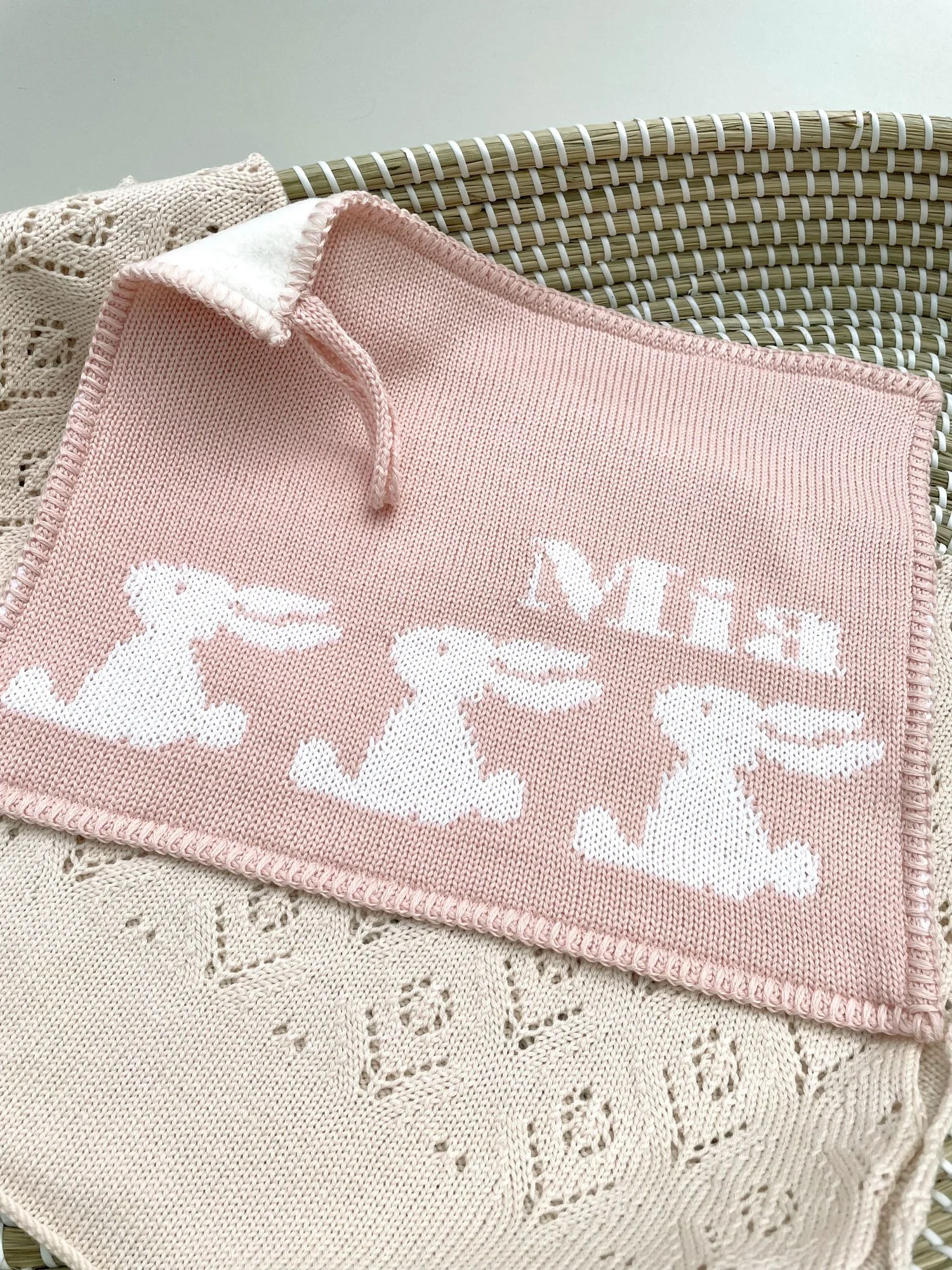 Rabbit Pink Comforter Blanket in Merino Wool with name 'Mia'