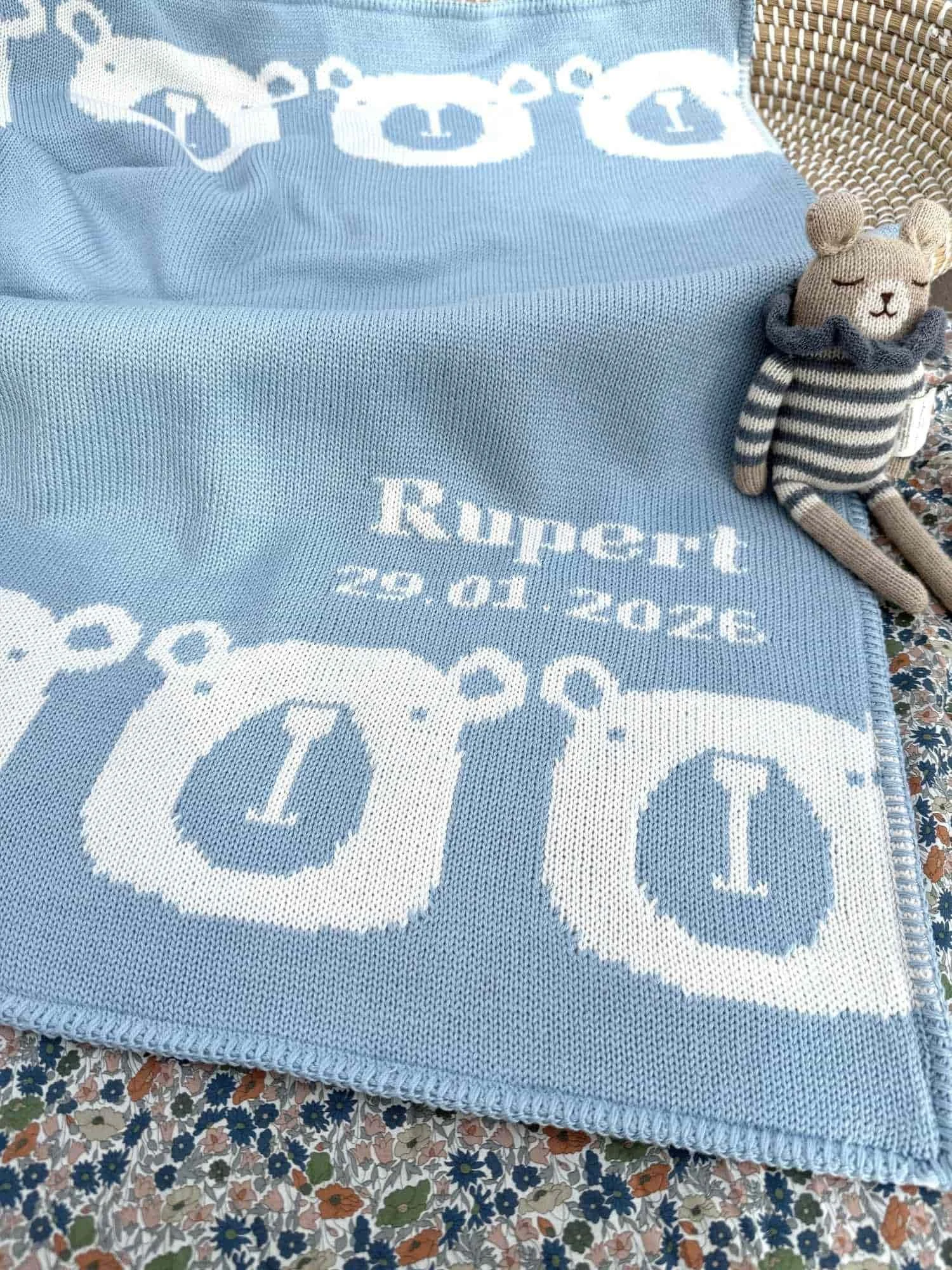 personalised blue bear baby blanket
