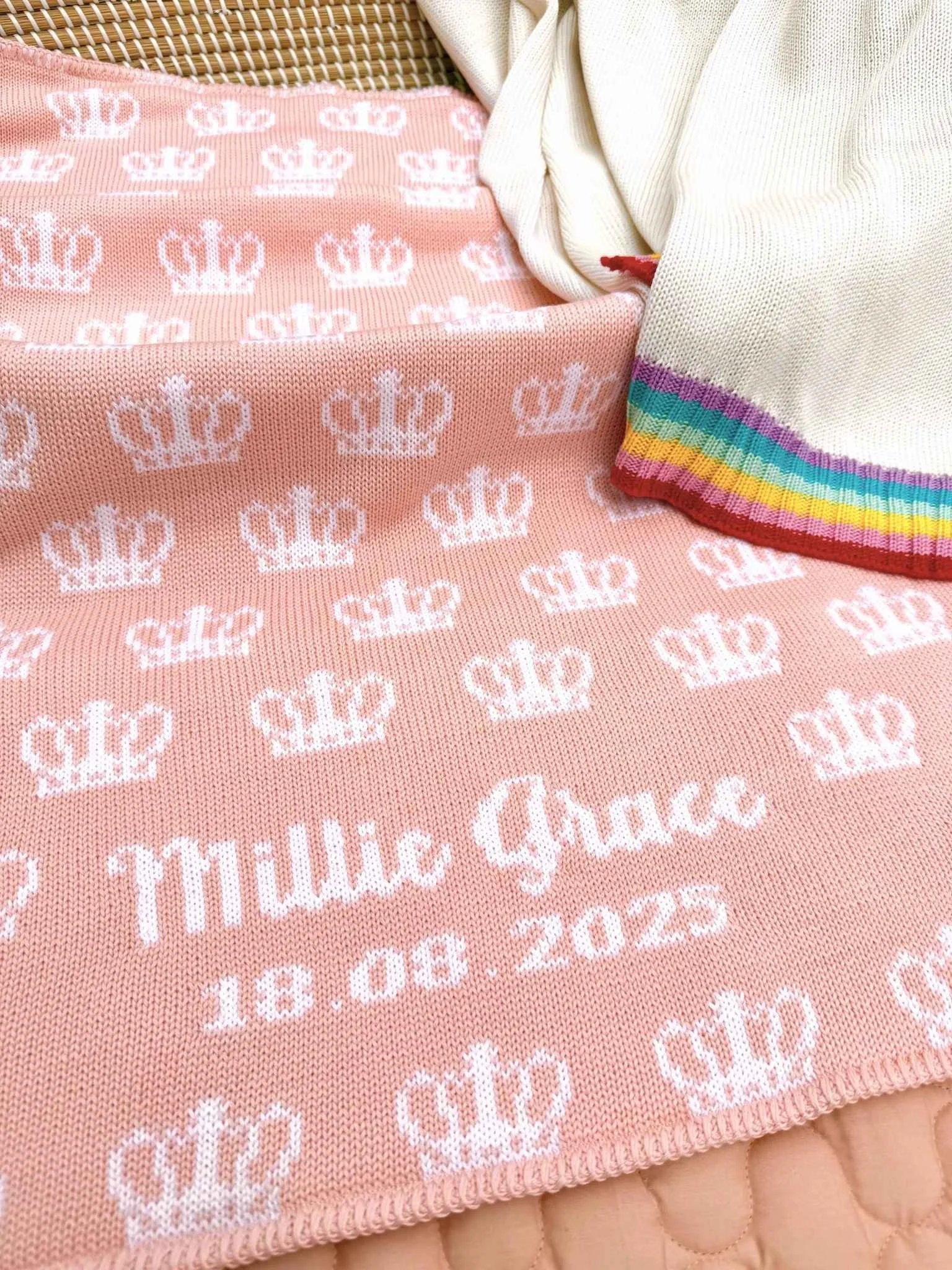 personalised pink crown baby blanket