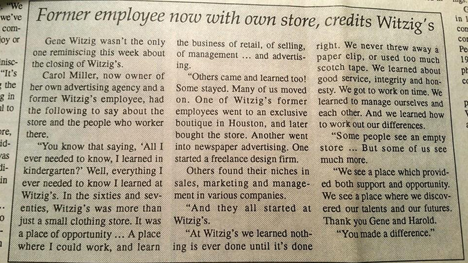 Article from Morton Newspaper, about the closing of Witzig's store on 12/31/94.