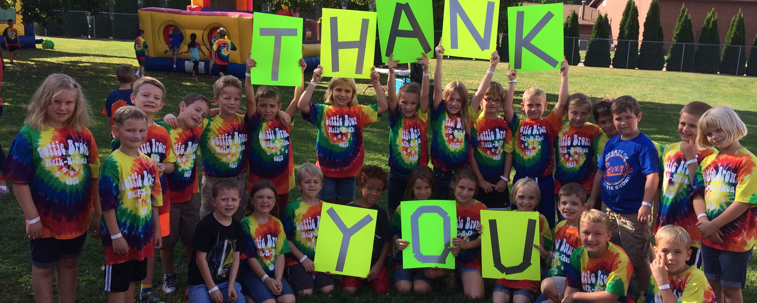 Mrs. Boecker's 2nd grade class takes time during their annual Walk-a-Thon to thank the various businesses and organizations who helped them raise money for Lettie Brown Elementary School's new playground equipment.