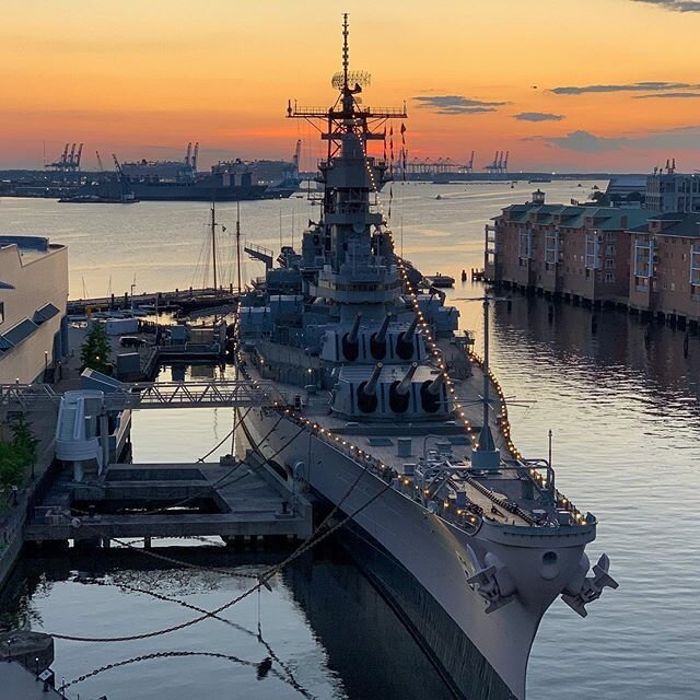 USS Wisconsin BB-64 at sunset 
#downtownnorfolk #battleship #usswisconsinbb64 #iphonexs #mobilephotography