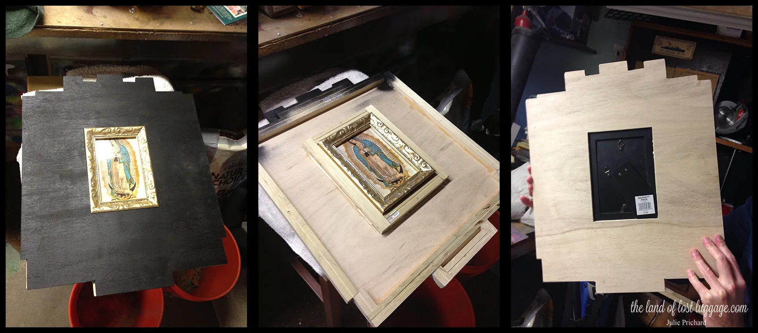 From left to right: The piece without her tiles; the top removed to see the inner structure; the back of the piece.