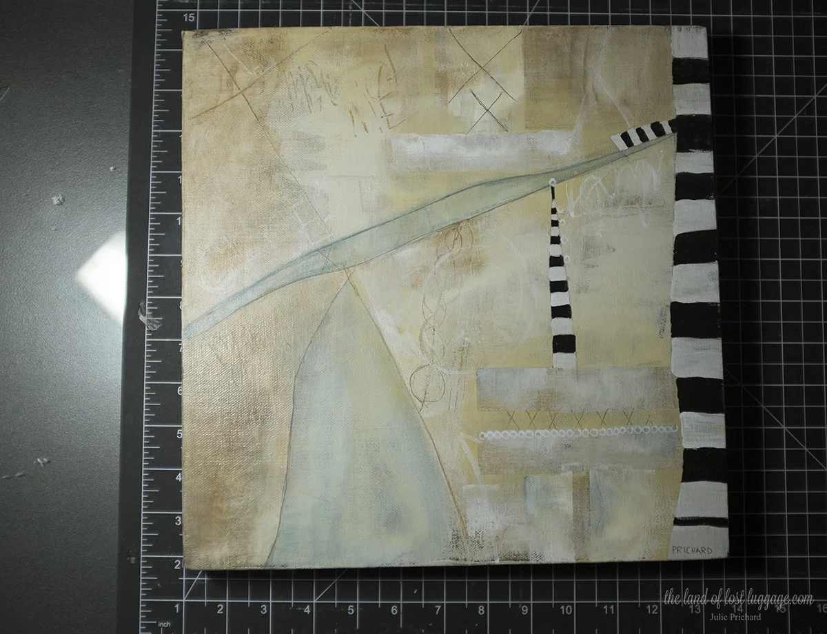 White balance issues- the image is too "cool". Also, the left side of the painting is brighter than the right due to the overhead light.