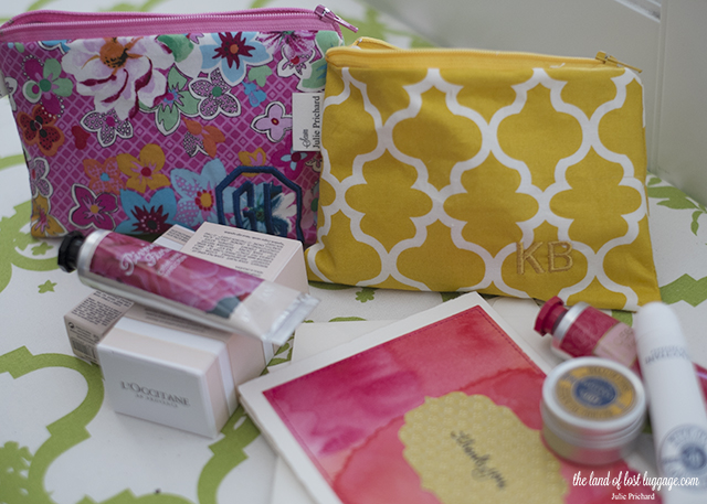 Hand made cosmetic pouches with L'Occitane gifts for the teachers this year..