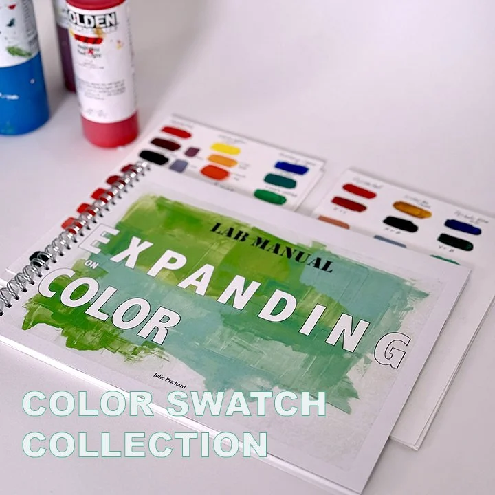 Open coloring book titled 'LAB MANUAL ON EXPANDING COLOR' beside color swatch collection and color pens on a white desk.