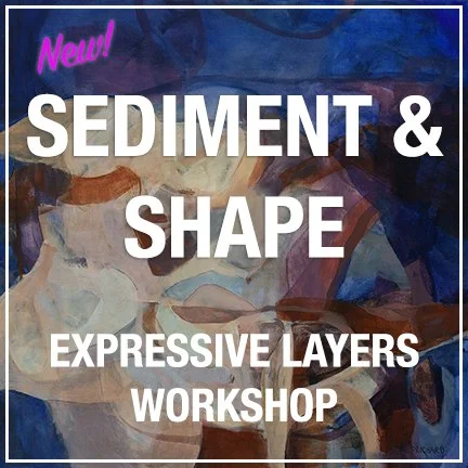An advertisement poster for a workshop titled 'Sediment & Shape' focusing on expressive layers in art. The poster features colorful abstract art with a blue border and a pink 'New!' label in the top left corner.
