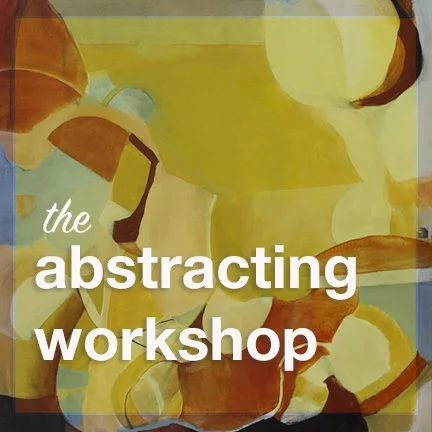 Abstract painting with yellow, orange, and beige shapes overlaid with white text that reads 'the abstracting workshop'.
