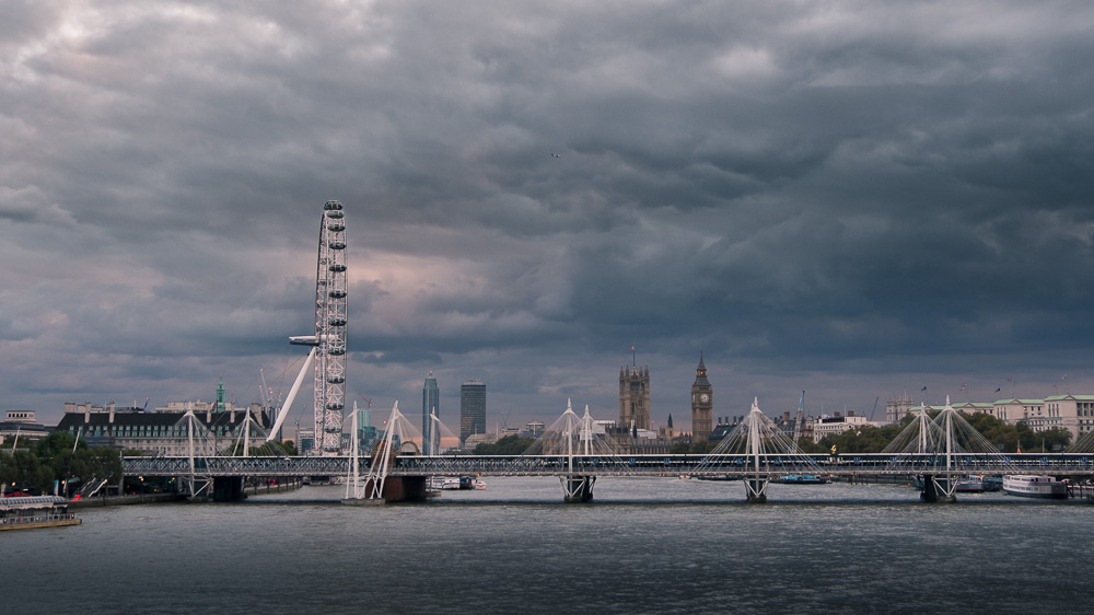 London Eye and the Houses of Parliament from Waterloo Bridge, London