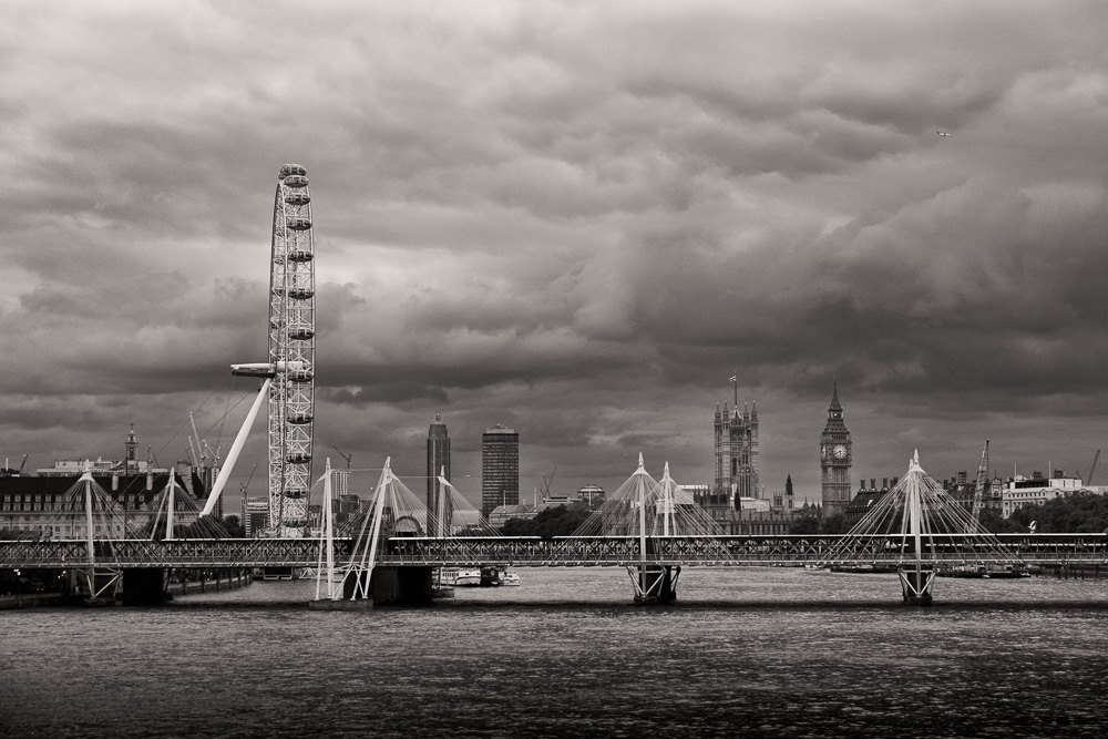 London Eye and the Houses of Parliament from Waterloo Bridge, London