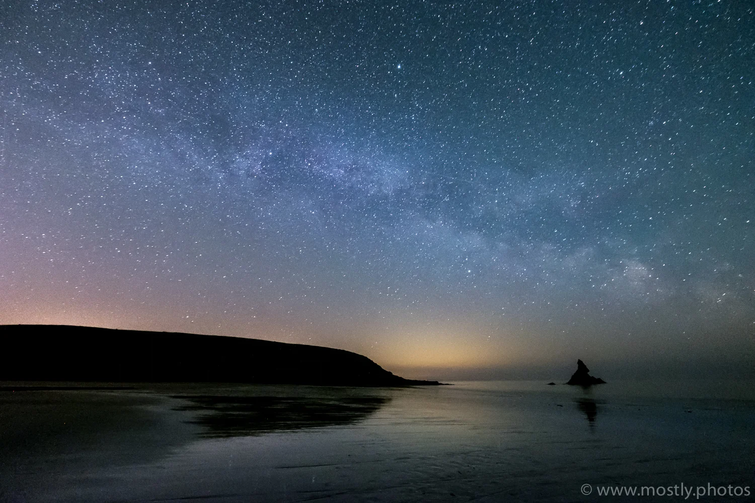 Fuji X-T2 - Fuji 10-24mm f4 - (40 second exposure, ISO 12800, f4) Milky Way and shooting Star over Church Rock - Broad Haven Beach, Wales
