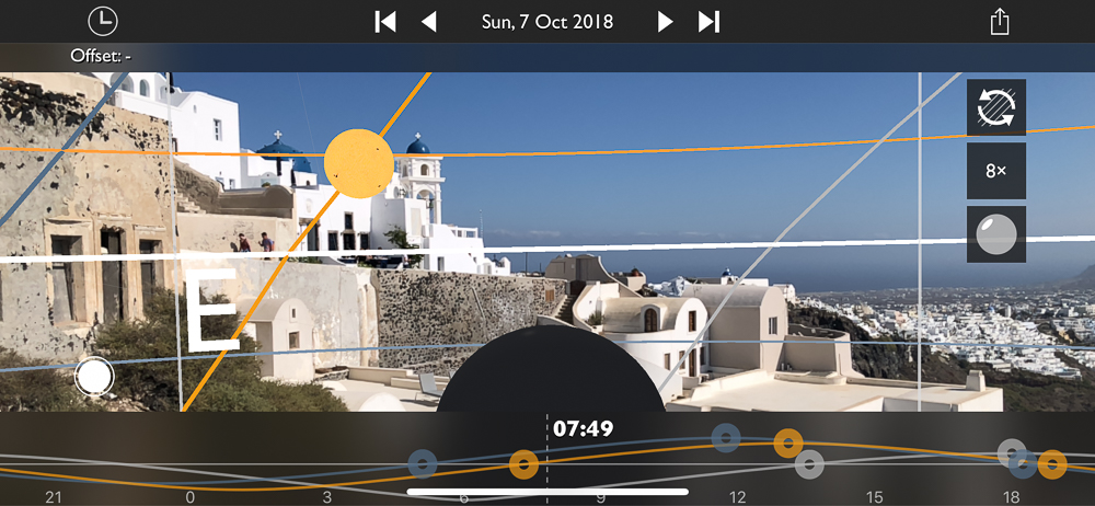 The Photographers Ephemeris - TPE Augmented Reality View showing position of sun just after dawn in Santorini, Greece