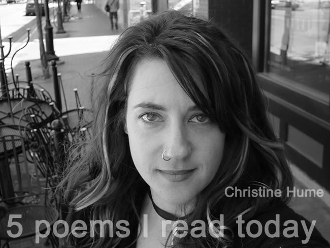 1. Lively Dub Yourself by Christine Hume http://bit.ly/jARehF
2. The Dry Spell by Kevin Young http://bit.ly/ioBAut
3. The New Intelligence by Timothy Donnelly http://bit.ly/mwkIDj
4. Elk at Tomales Bay by Tess Taylor http://bit.ly/jZuIWH
5. Alone, Looking for Blossoms Along the River by Tu Fu http://bit.ly/jdaJ7u