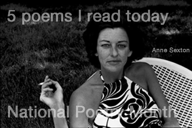 1. The Truth the Dead Know by Anne Sexton http://bit.ly/jWRlPh
2. We Real Cool by Gwendolyn Brooks http://bit.ly/m85bnm
3. Birdsong, face it, some male machine by Marianne Boruch http://bit.ly/izuMaB
4. Waterlily Fire by Muriel Rukeyser http://bit.ly/kQ4Evy
5. Saguaro by Brenda Hillman http://bit.ly/kalY7Y