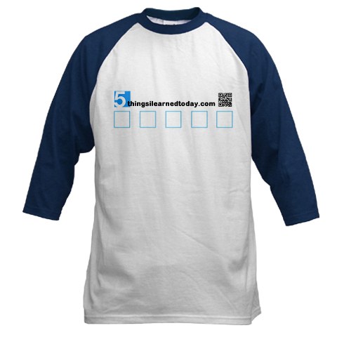 So we have these nifty t-shirts for purchase , including a design submitted by friend and follower.
But if you would like for me to send a free large men's baseball shirt with the basic 5 things logo and QR code (pictured above), all you have to do is email a short video of you saying our tagline ("These are the 5 things I learned today") to 5thingsilearnedtoday@gmail.com.
If we choose yours for this season's episode 7, we will send it to you.