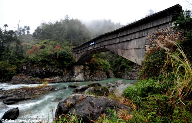 The Luanfeng Bridge, a timber arch lounge bridge, in the Xiadang village in south east China