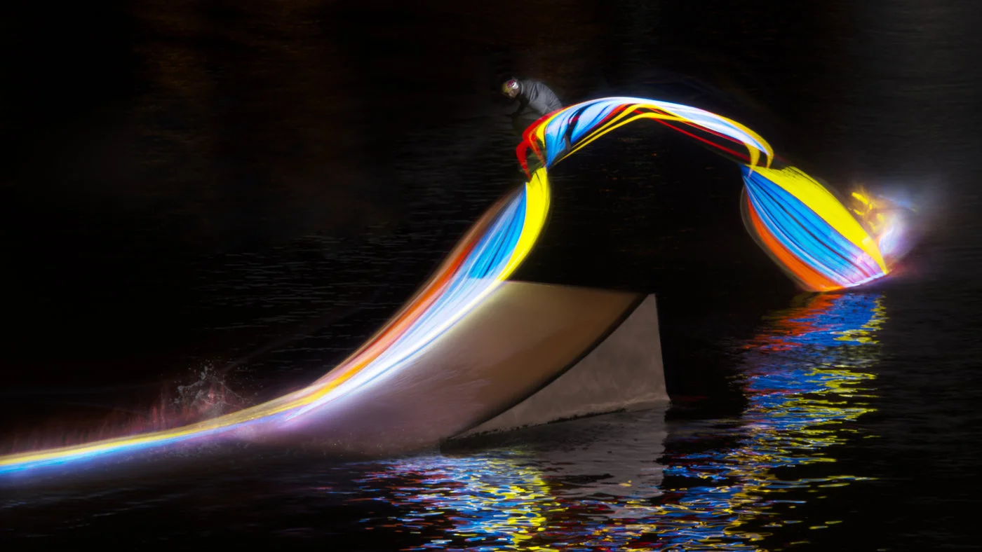 Long Exposure of Lighted Wakeboards at Night from Red Bull