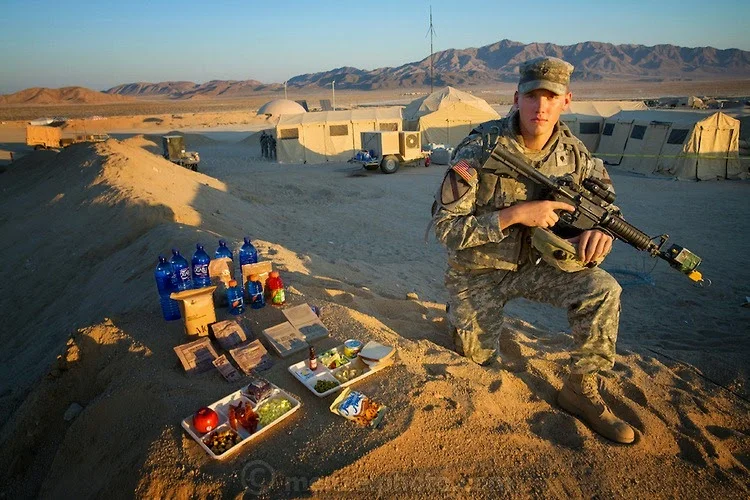 Curtis Newcomer, a U.S. Army soldier, at the National Training Center at Fort Irwin in California's Mojave Desert. 4,000 calories. 20 years old; 6 feet, 5 inches tall; and 195 pounds. 