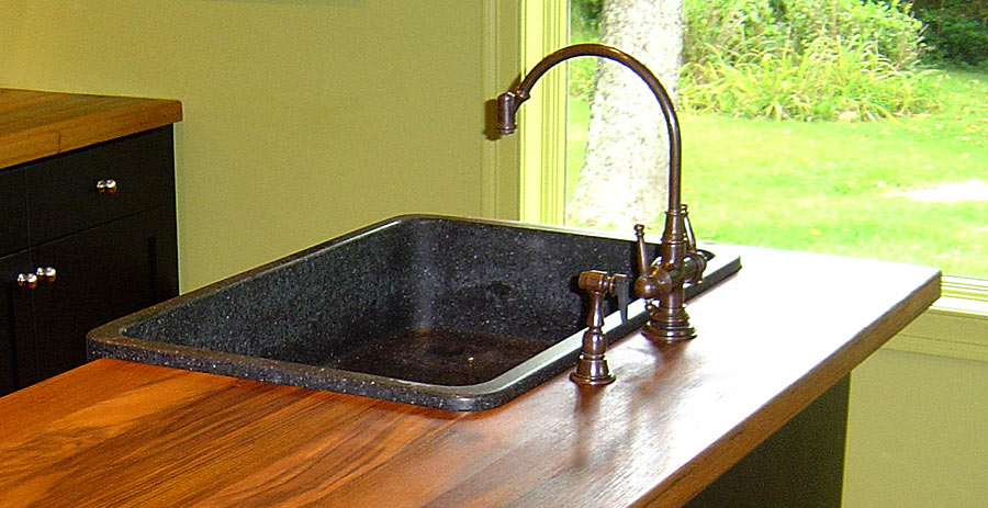 Teak countertop with overmount sink