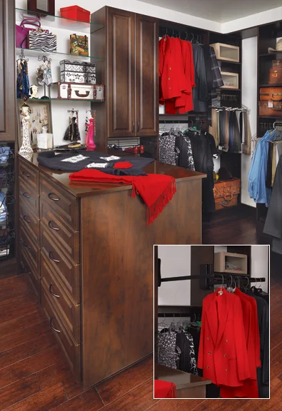 Palisade Door | Mahogany Melamine. A large closet benefits from a mix of open and closed storage to keep it from looking like a “wall of clothes.” A wardrobe lift (shown pulled down in the inset) allows the homeowner to store frequently used items on a higher pole.