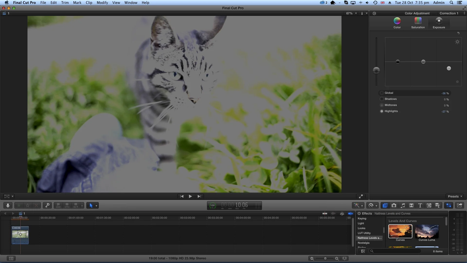 3. If you try to correct the exposure with Final Cut Pro's color corrector, you will find that it seems to apply itself OVER the LUT and is completely unable to bring any detail back. This also means you have far less color data to work with in the color grade, which is not acceptable. A friend told me he has the exact same issue with Red Giant's LUT Buddy plugin in Adobe Premiere. (Click for larger)