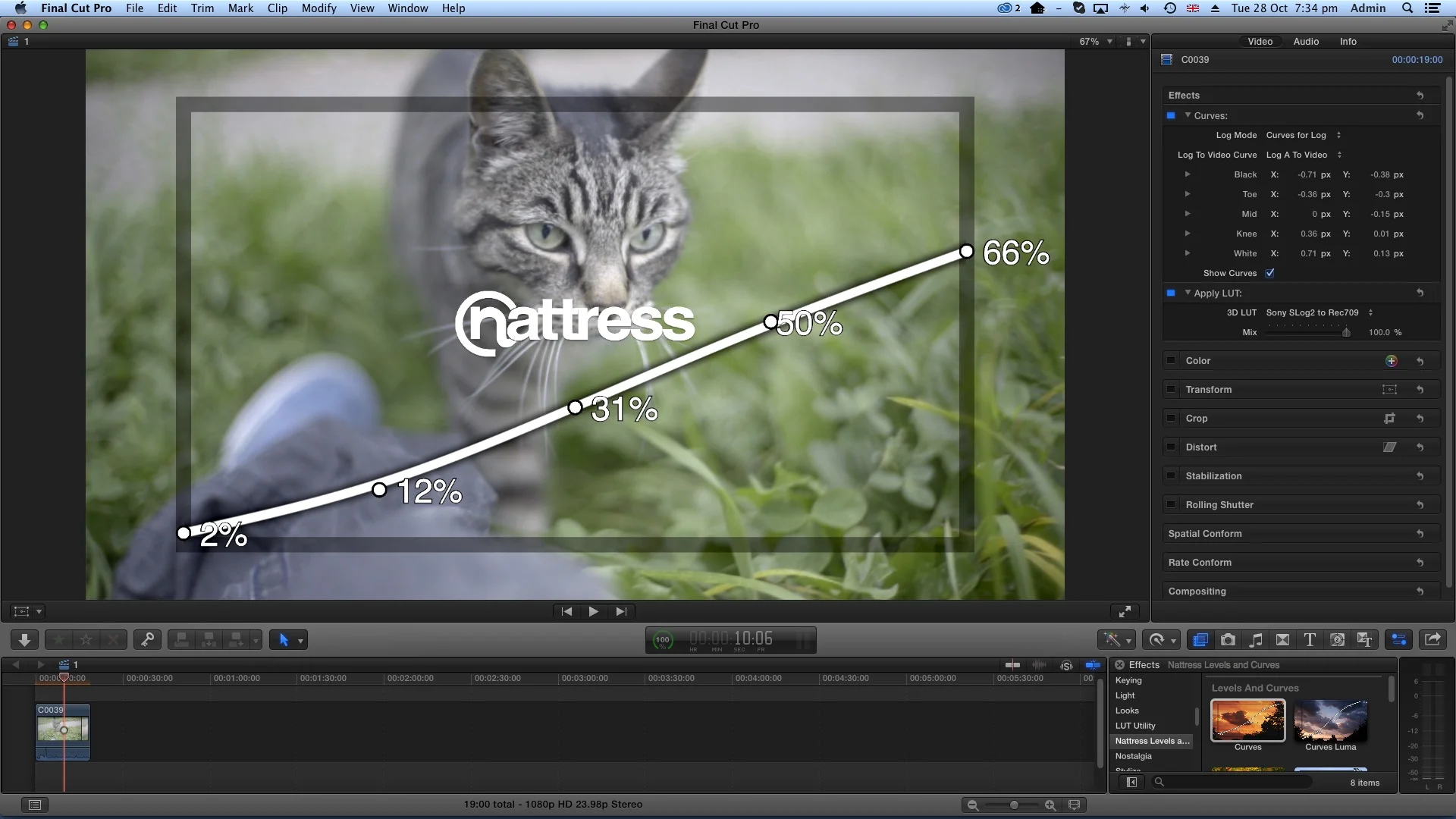 4. The simple solution is to do your exposure and color corrections using an effect or plugin (either FCPX or third party) because they can sit ABOVE the LUT utility plugin in the effects section, unlike the default color corrector which can only sit at the bottom. Here I've shown this example with a trial version of Natress' Curves plugin. (Click for larger)