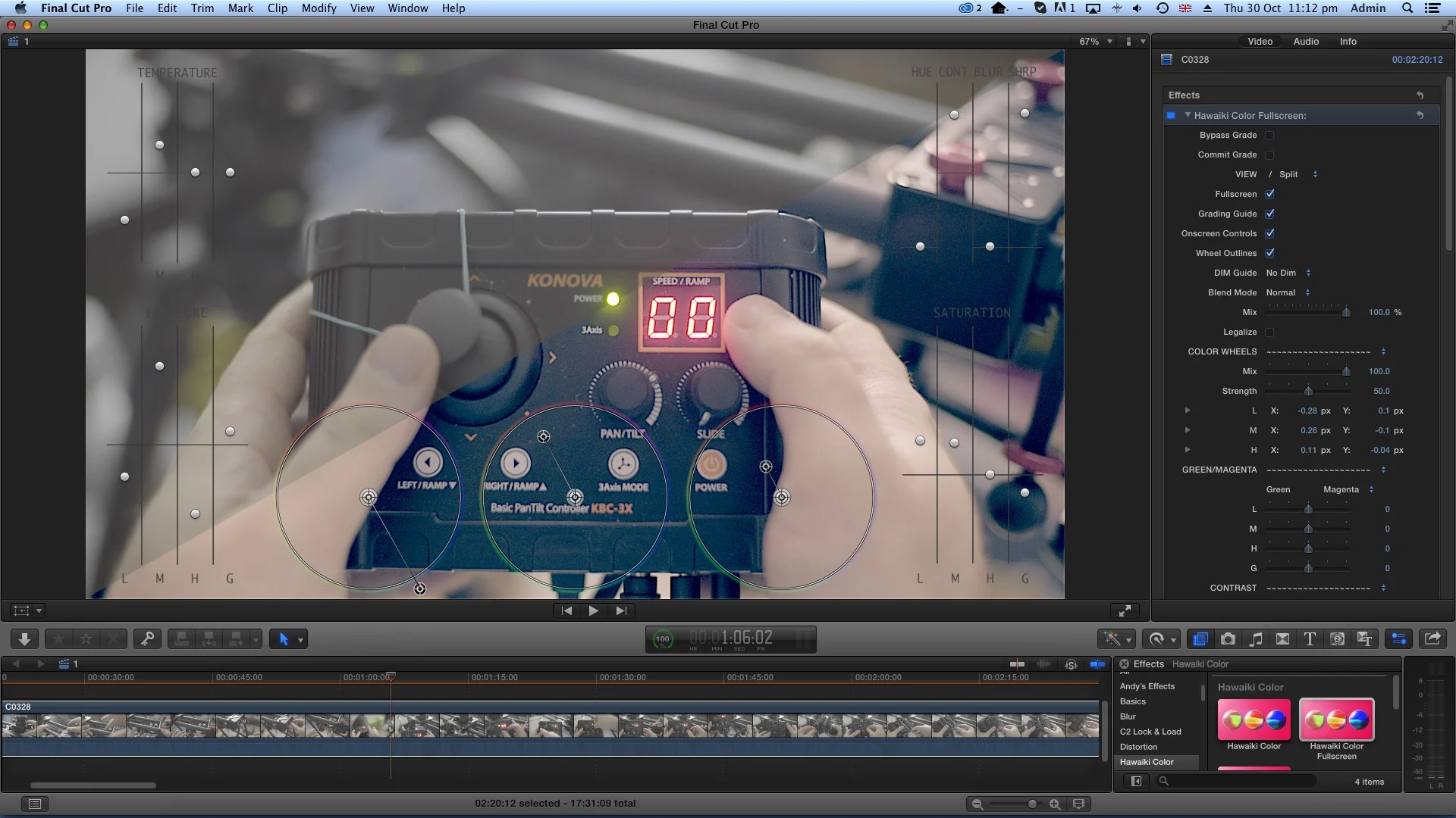 Hawaiki Color being used in "full screen" mode. I really like this. One of the optional split-screen preview options is enabled, which is very useful but I would usually turn it off as I prefer to see the entire final image when I grade my footage.