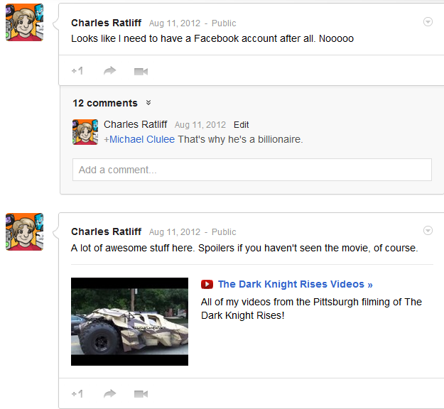 A couple of the Google+ posts I made that day.