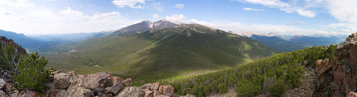 Panoramic view from the top of Estes Cone. Rt. 7 below left, and Mt. Meeker and Long's Peak at center.