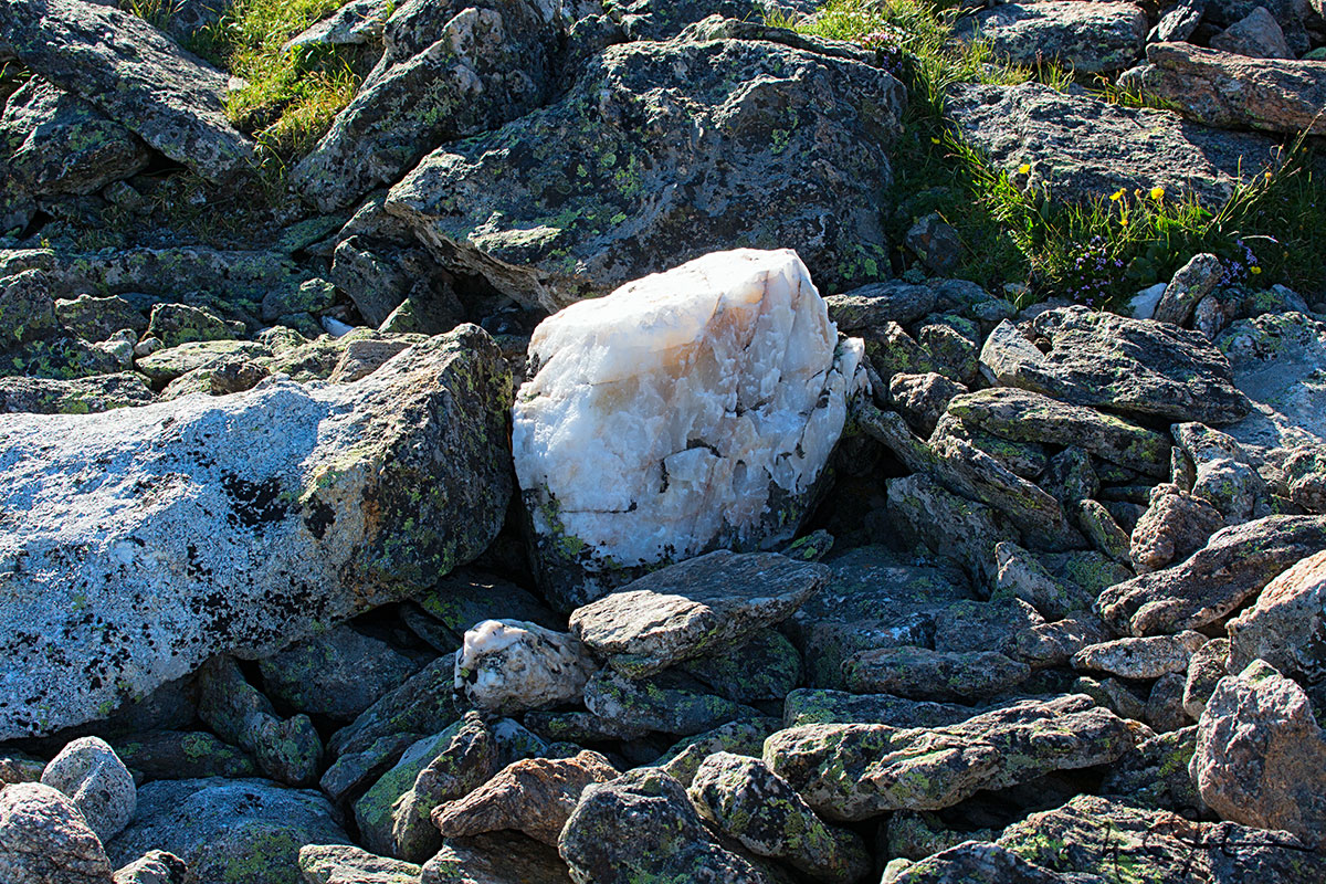 A creamy lump of quartz sits among the boulders near Mt. Ida.