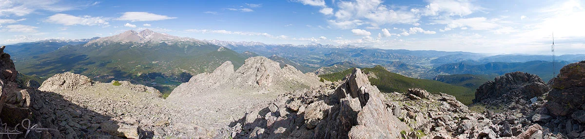 Mt. Meeker and Long's Peak at left, Estes Park at right, from the summit of Twin Sisters.