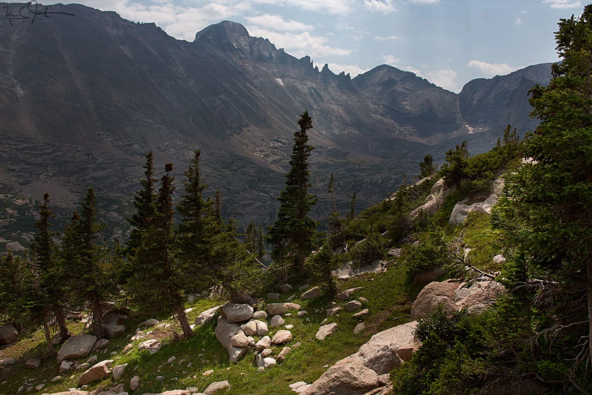 Looking across Glacier Gorge at Long's Peak, Keyboard of the Winds, and Pagoda Mountain, from near Shelf Lake.