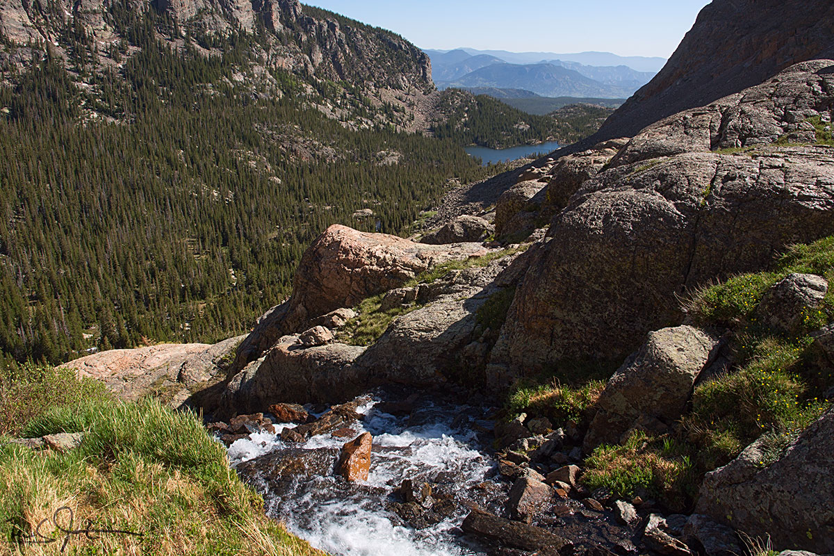 A cascade at the brink - just below Lake of Glass, on the way to Timberline Falls. The Loch in the distance below.
