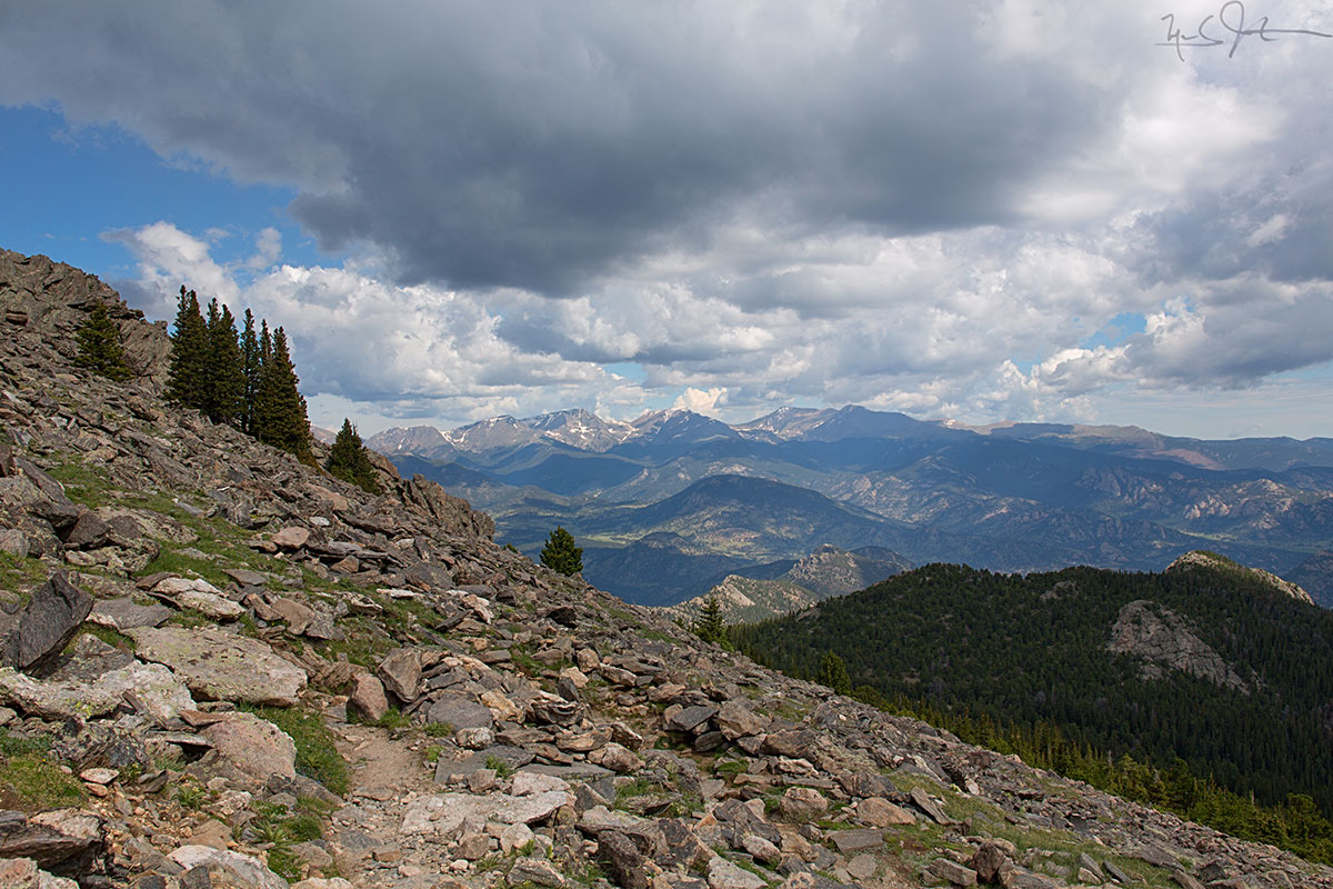 Looking West towards the Never Summer Mountains, from above tree line on Twin Sisters.