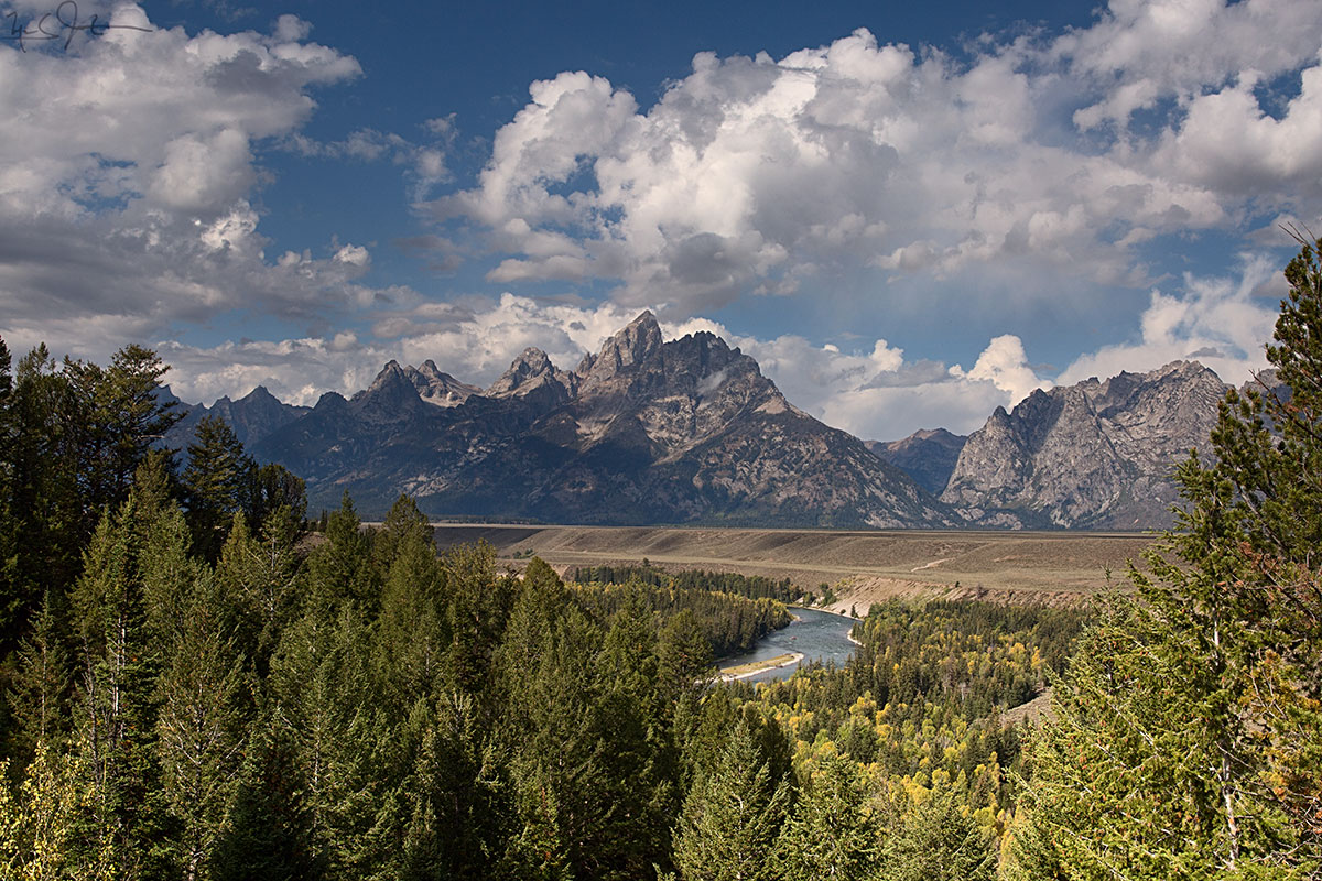 From the Snake River overlook, site of Ansel Adams's iconic photo of the Grand Tetons. The trees have grown up a bit since Mr. Adams shot this view in 1942.