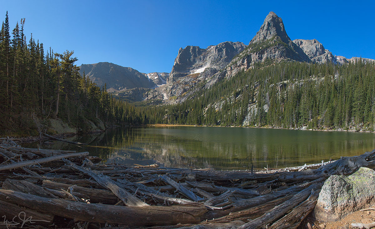 Odessa Lake, with Notchtop Mountain at center and the Little Matterhorn at right.