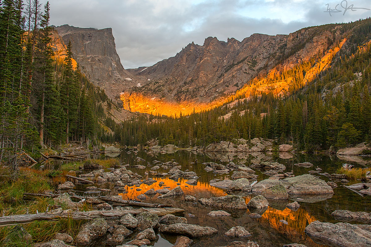 Dream Lake with a splash of morning sunlight.