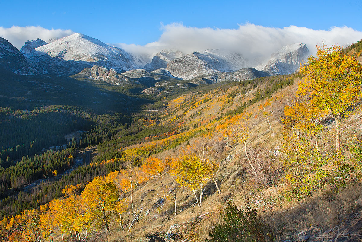 From left: McHenry's Peak, East Glacier Knob, and Otis Peak and Taylor Peak in the clouds, and Hallet Peak on the right. All but East Glacier Knob lie on the Continental Divide with elevations above 12,000 feet. My elevation here is around 9.500 feet.