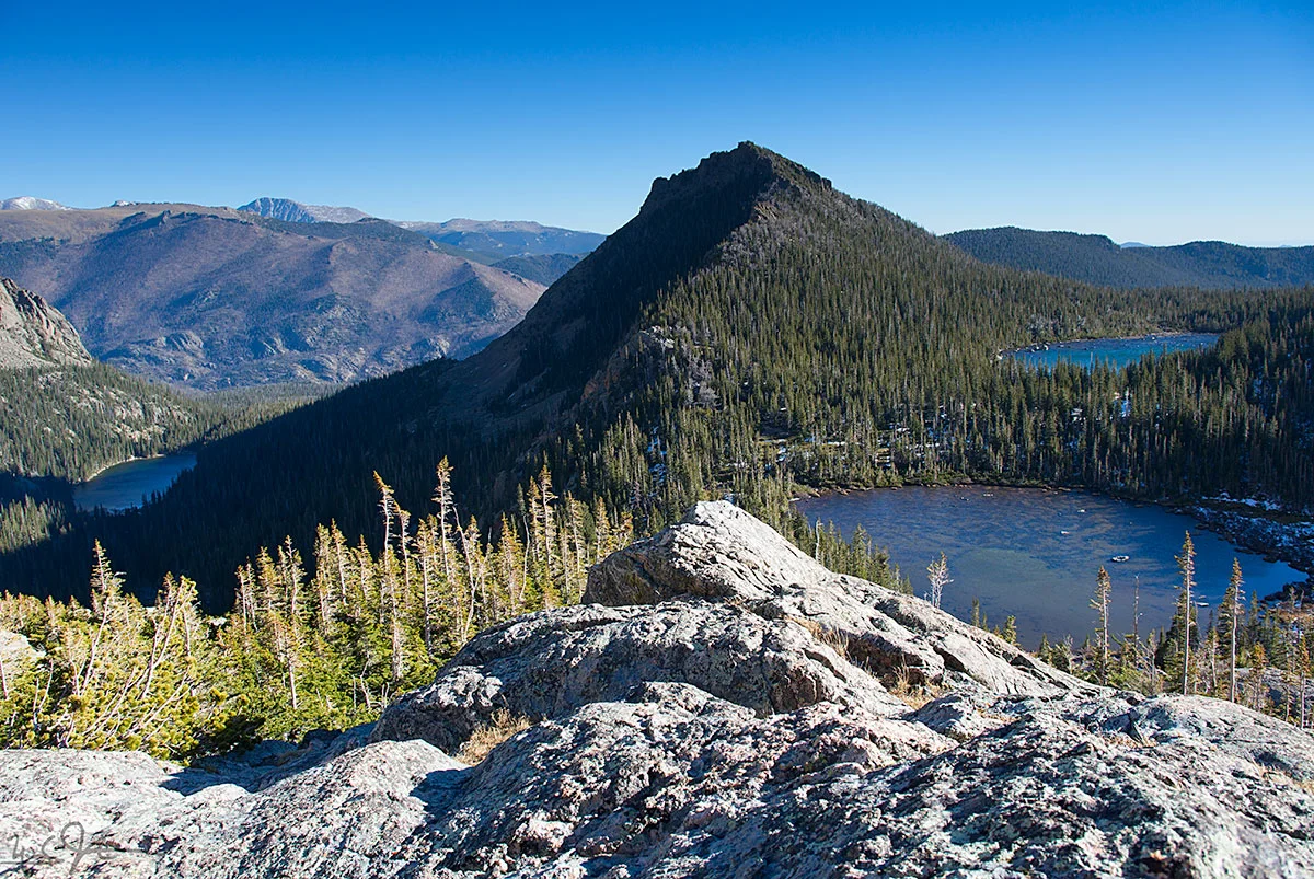 Lots of lakes: Odessa Lake at left, Lake Helene in the foreground at right, and Two Rivers Lake in the background at right. Joe Mills Mountain at center.