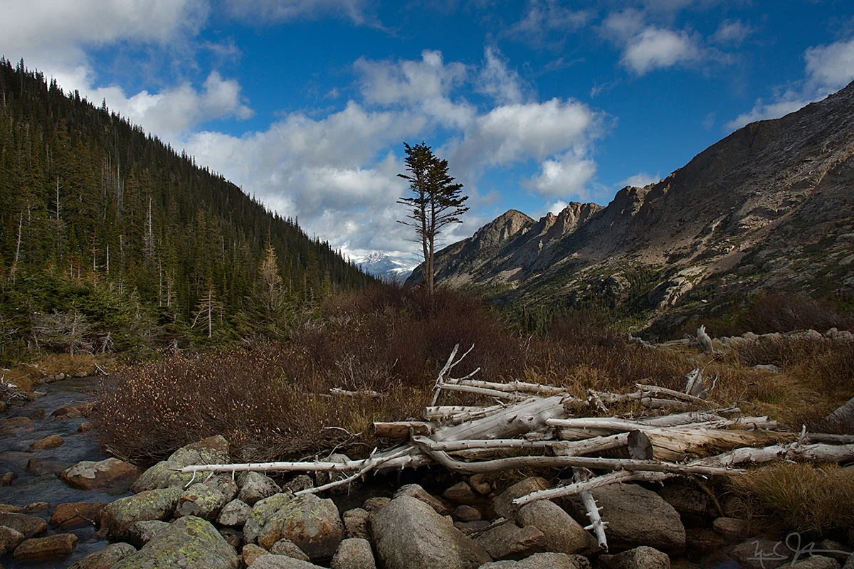 Looking back down Glacier Gorge from the edge of Black Lake.