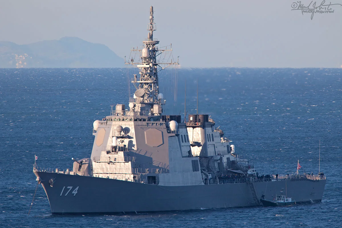 The "Kirishima". Kongo-class guided missile destroyer of the Japan Maritime Self-Defense Force, anchored off Ito City, Shizuoka Prefecture.