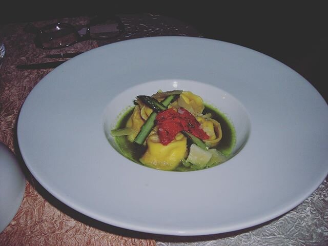 Viva Italia...
Home made crab tortellini with asparagus consomm&eacute; 
Fire roasted red pepper twist and chocolate budino pudding... #loveitaly #vivaitalia #homemadepasta #sweet #chocolatebudino #yummy #foodinspiration #foodinstagram #chef #cheflif