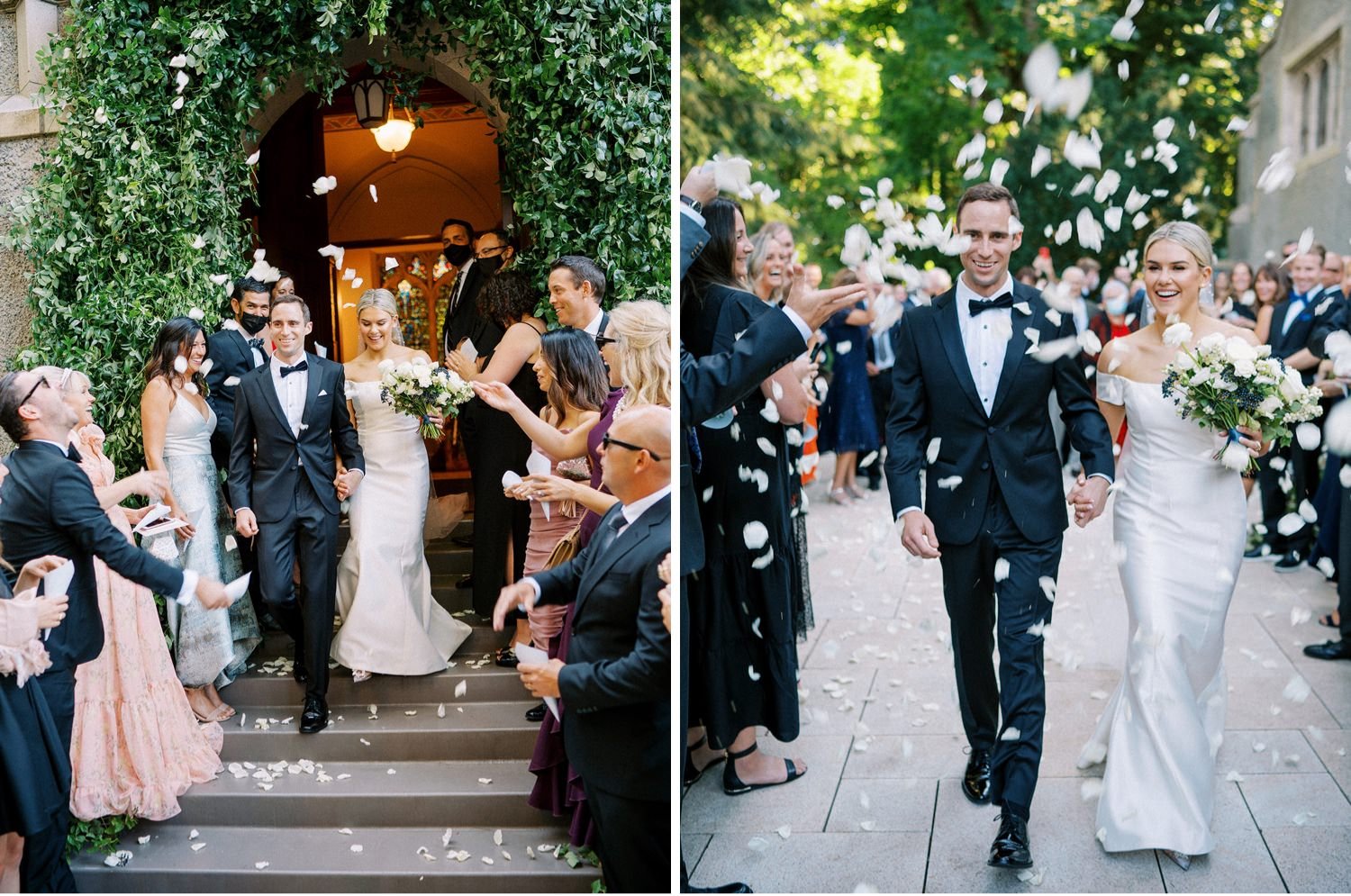 0029-324_Flower pedal toss at wedding exit with a vintage car by best Seattle wedding photographer.JPG