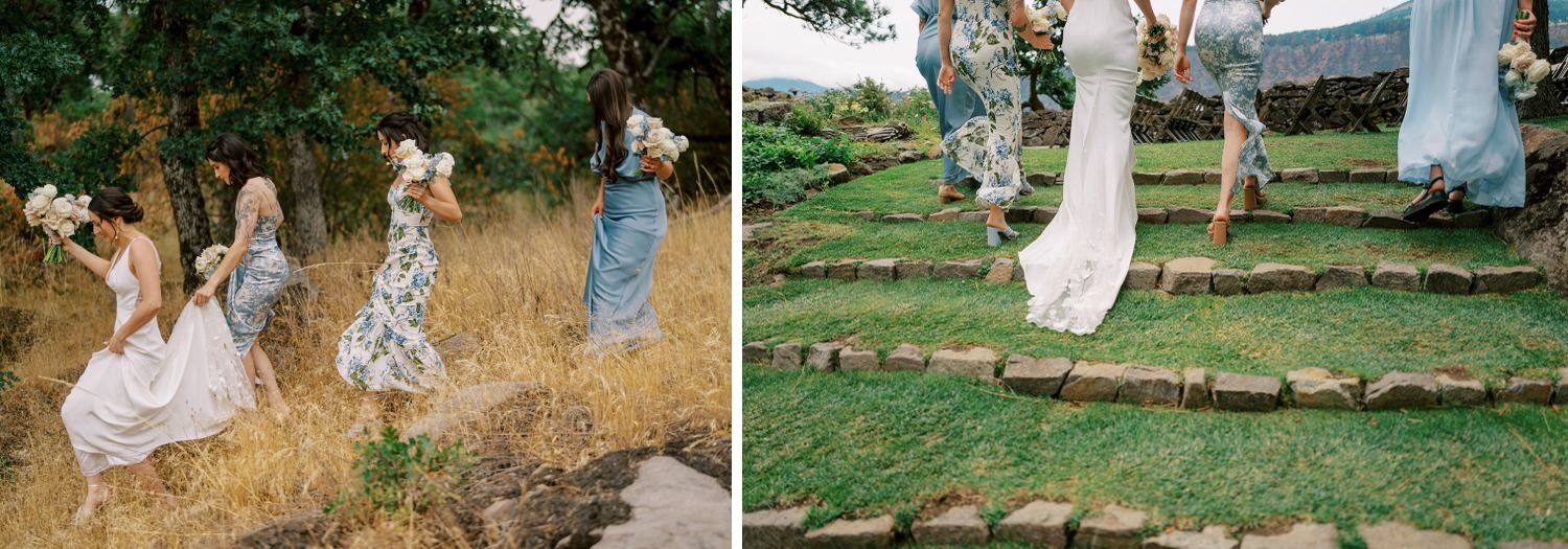 028_Blue mismatched floral bridesmaids dresses at the Griffin House in Hood River by top Oregon wedding photographer.jpg