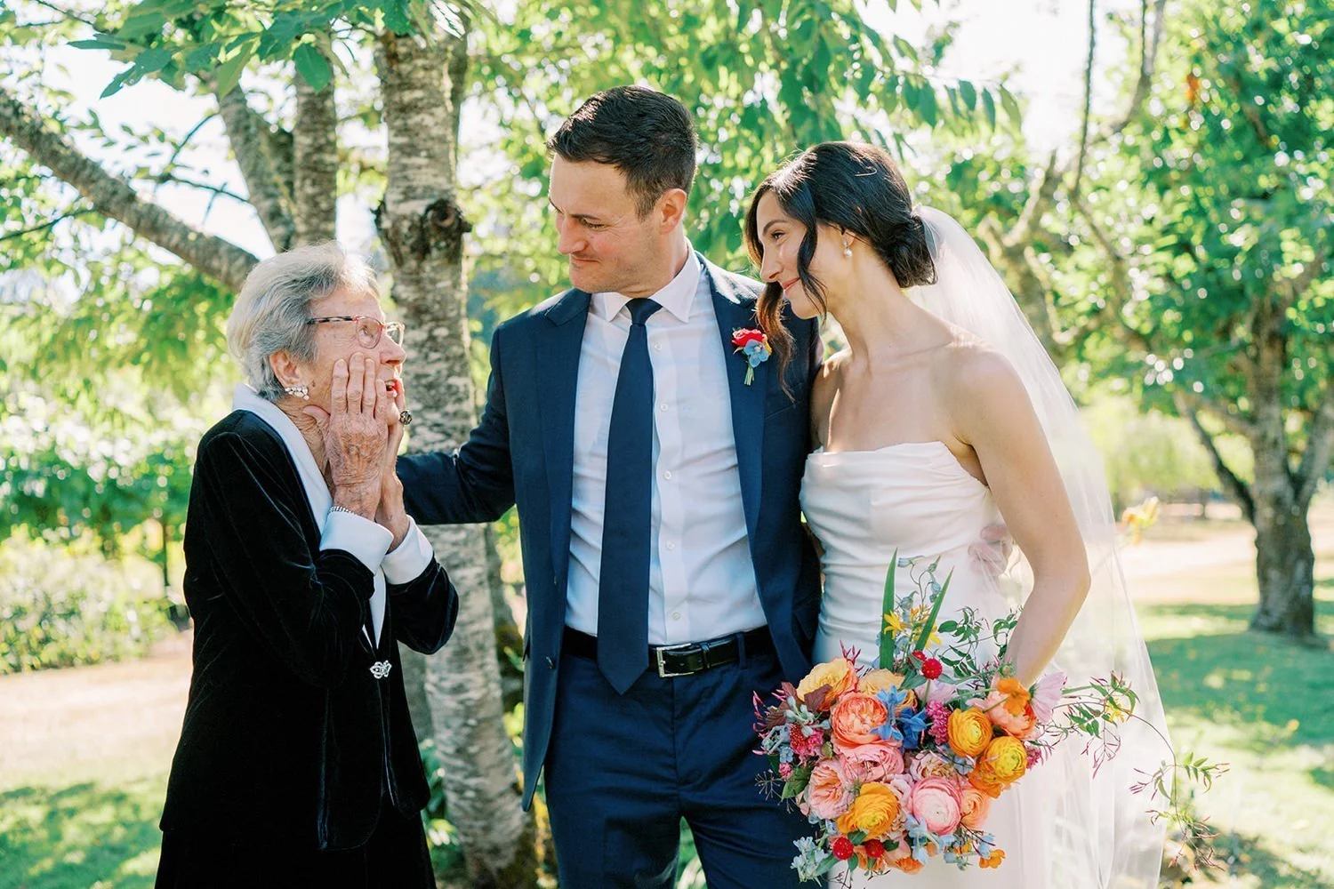Grandma's first look of bride and groom
